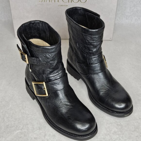 Jimmy Choo Black Biker Leather Unlined Belted Boots BKU 247 with Box Size 37/6.5 - Picture 7 of 10